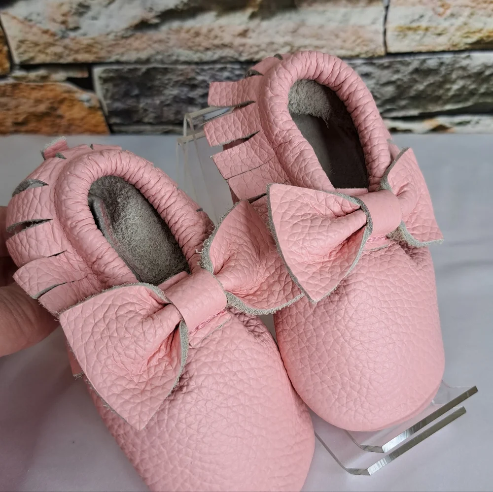 Baby Girl Pink-Pearly Bow Moccasins - Soft Slip-On Infant Shoes New